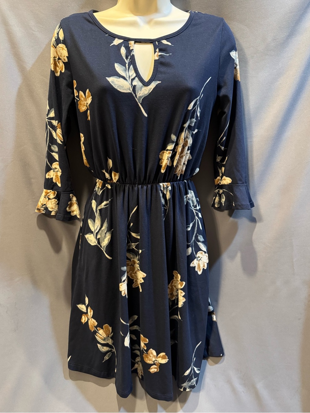 Womens Dress Long Sleeve Navy Floral Print Key Hole French Grey Brand Size Small